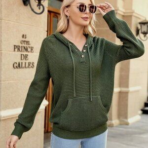 Women's Fall Oversized V Neck Knit Hoodie -Casual Long Sleeve Pullover w/ Pocket